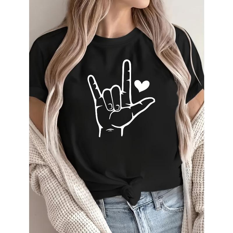 

European Size Valentine s Day Loving Heart Graphic Print T-shirt, Short Sleeve Crew Neck Casual Top for Summer & Spring, Women s Clothing 4XL чорний