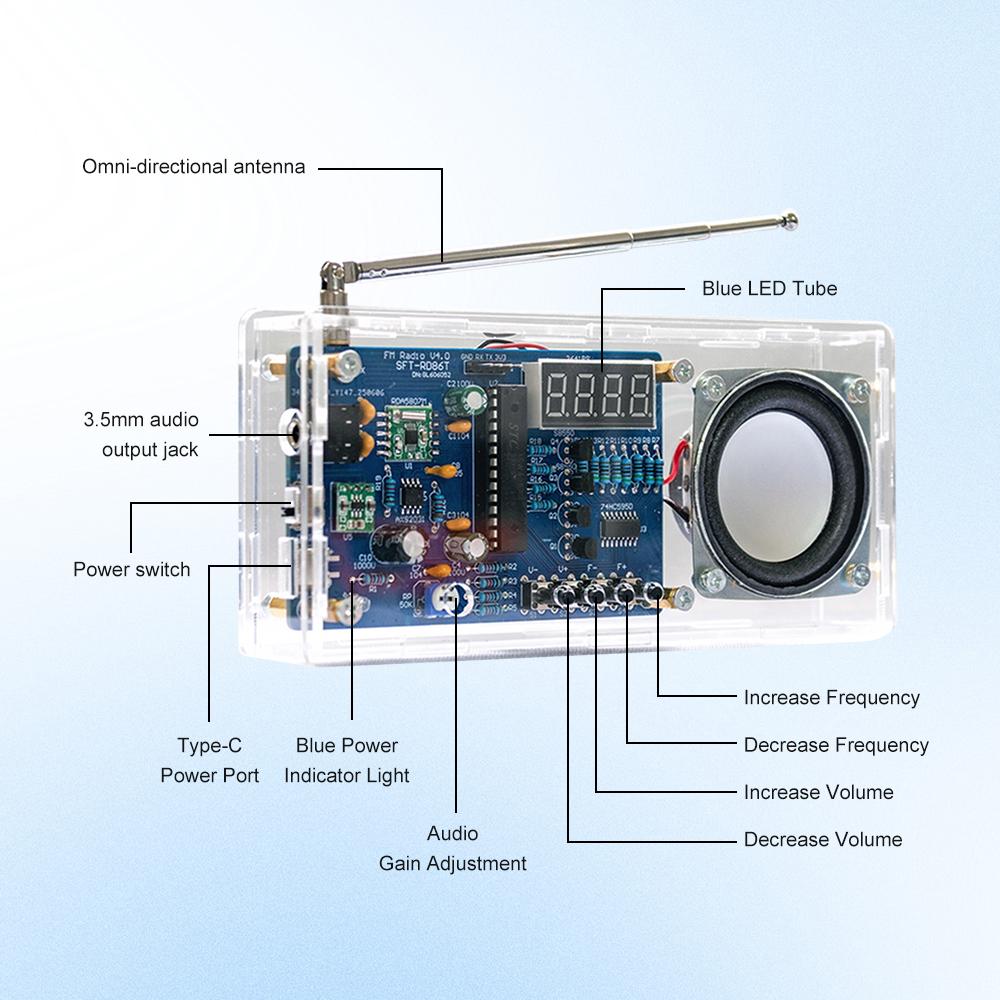 Digital Display FM Radio Kit 87.5-108MHz DIY Electronic Parts Microcontroller Type-C High Sensitivity Stable Signal Reception
