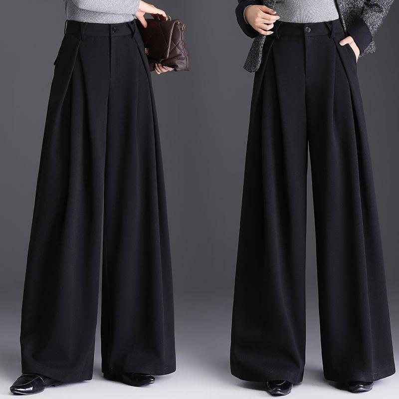 Women's High-Waist Woolen Wide-Leg Winter Pants with Pockets – Slimming, Non-Iron, Casual, Thickened Design for Mothers