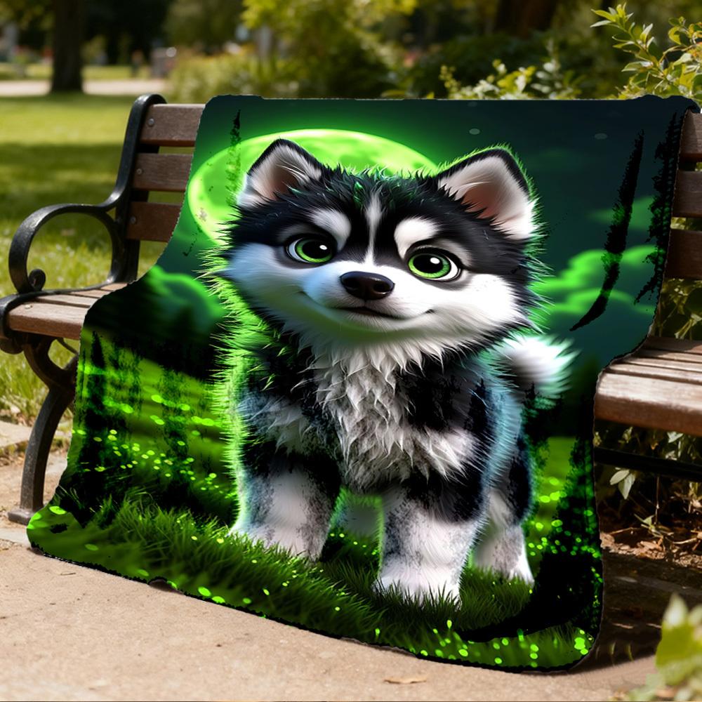 1pc Husky Puppy Throw Blanket Polyester Fiber, Lightweight Flannel, Soft & Warm, All Season Use for Outdoor, Camping Digital Print