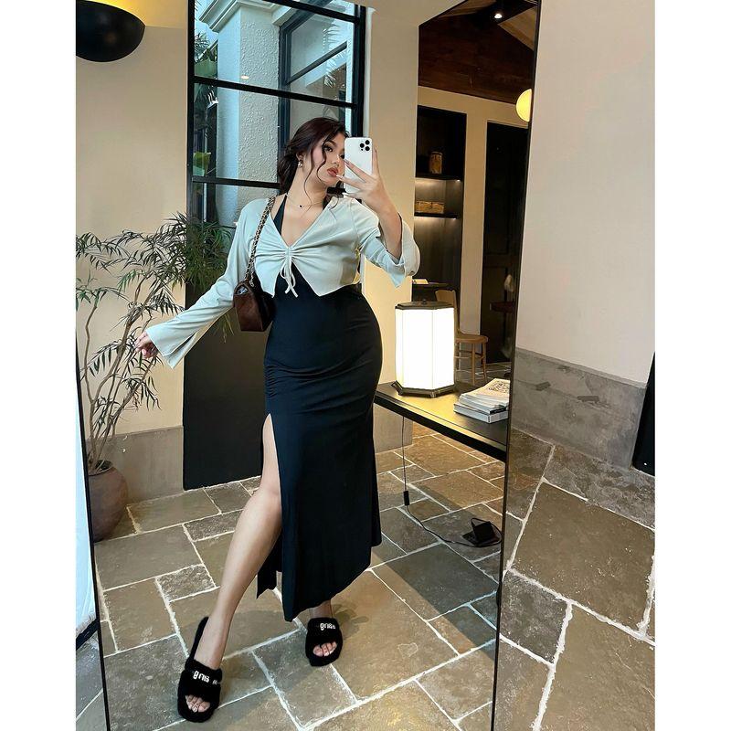 

Брат Нан Слегка Увеличенного Размера Девушки Сексуальное Сексуальное Платье-Халтер Женское Большого Размера Эластичное Облегающее Моделирующее Чистое Хочу Облегать Бедра Комплект из Двух Предметов Two-piece set L