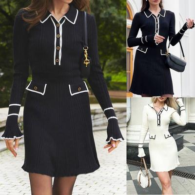 Ladies' Casual Color Long Sleeved Flared Knit Slimming Lapel Dress