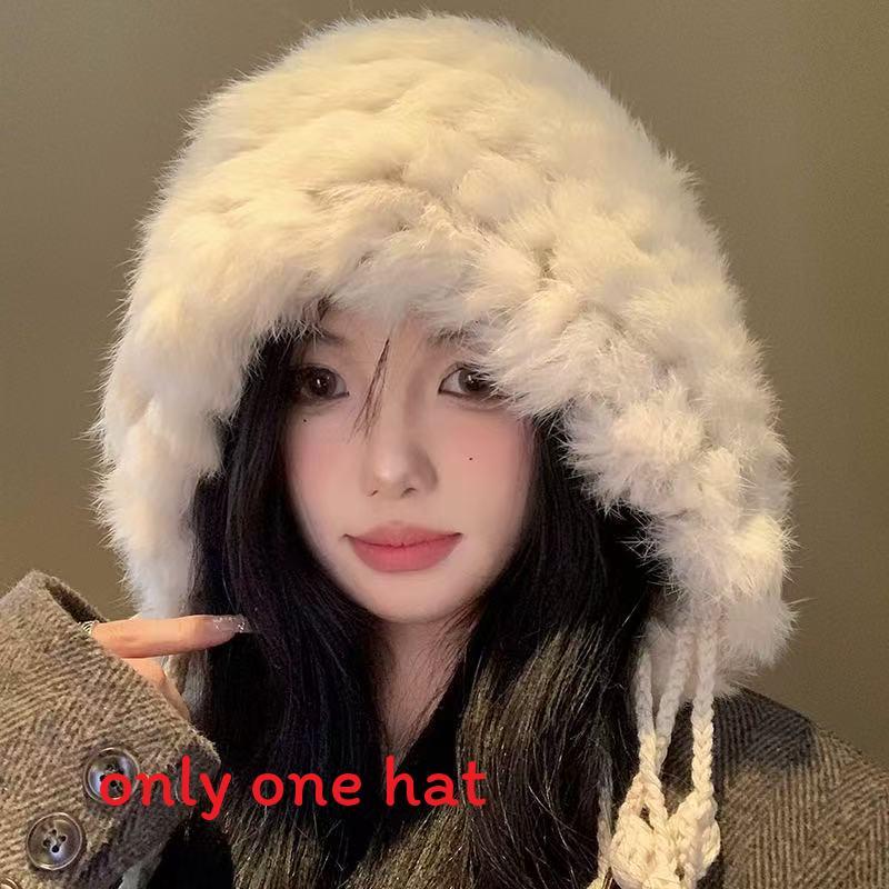 Cartoon Style Wool Beanie With Plush Fur Material And Adjustable Fit For Casual Wear