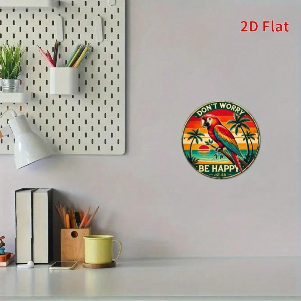 Metal Parrot Wall Art Round 20x20cm Tropical Sunset Palm Tree Sign Don't Worry Be Happy Gift for Living Room Bedroom Retro Decor