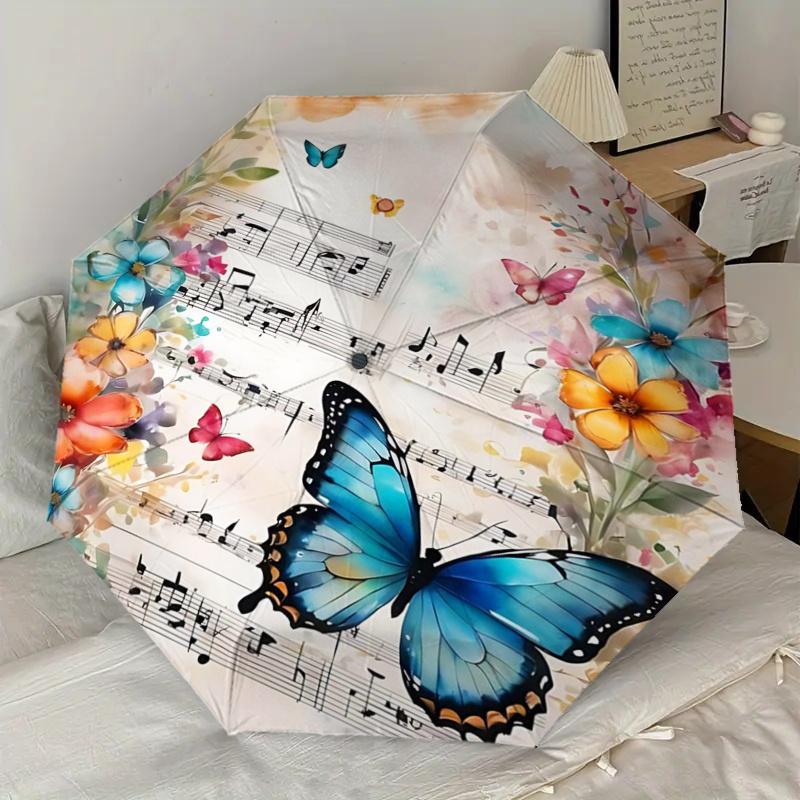 Floral Symphony Music Notes Butterfly Flowers Automatic Folding Umbrella - Portable 3-Fold Design with 8-Bone Iron Frame, Perfect for Festiv