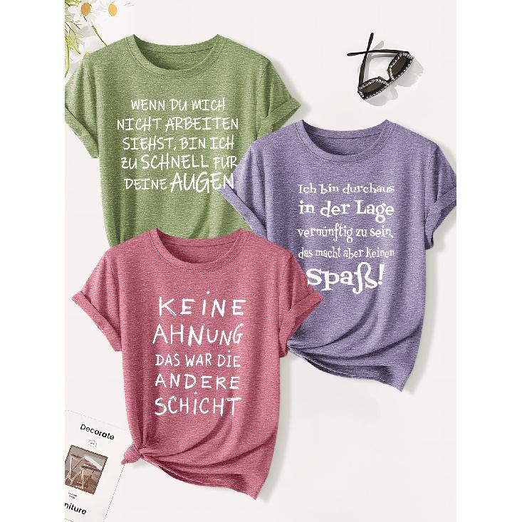 3 Pack of Women's Summer Tops | German Funny and Sarcastic Work Complaining Slogan Print T Shirt | Minimalist Style Trendy Casual Round-neck