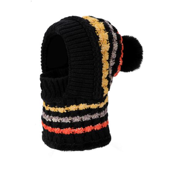 

Women Hat with Long Scarf Full Face Guard Warm Knit Thermal Fleece Winter Ski Hat Patchwork Color Plush Ball Decor Cold Weather Headgear чорний