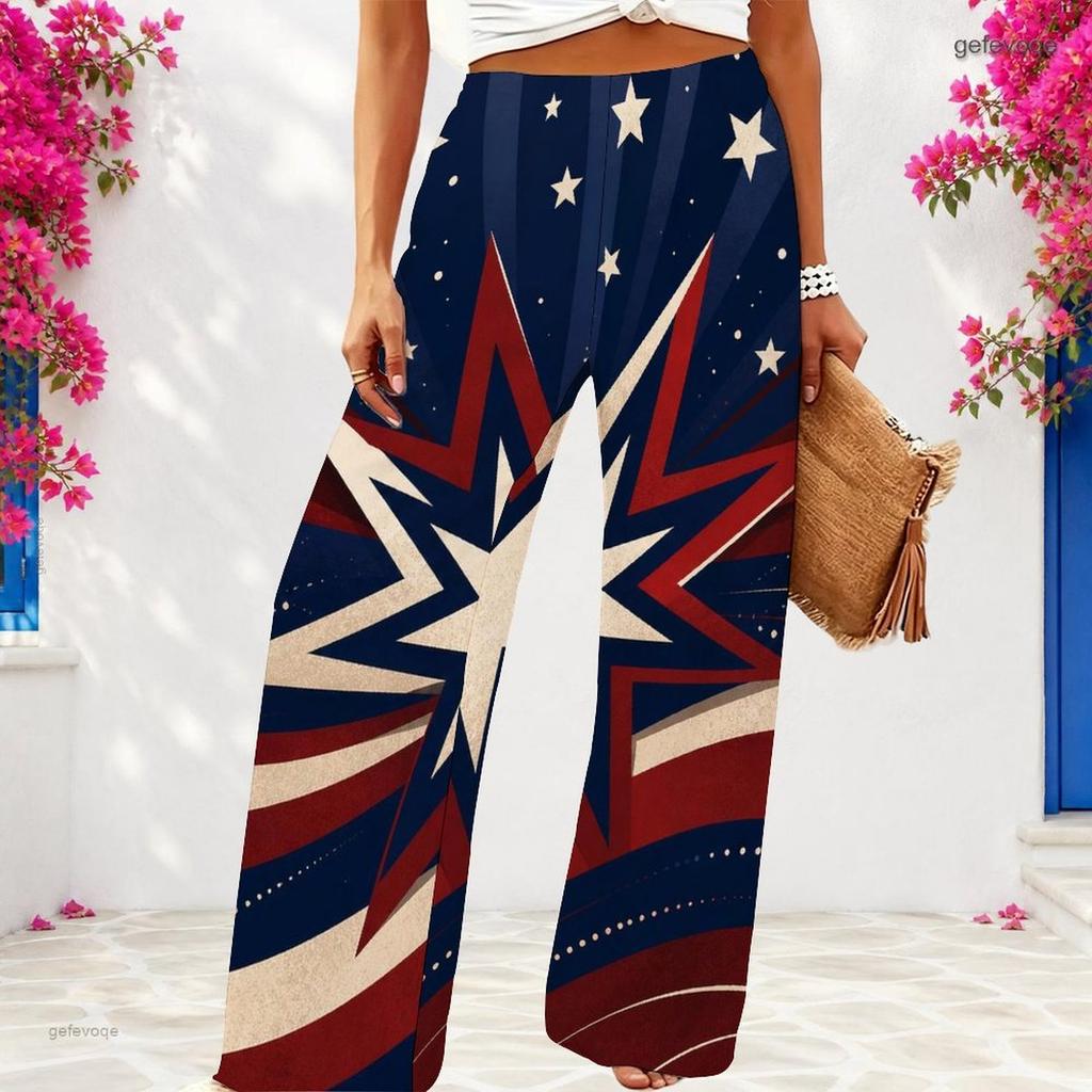 Women Plus Size Loose Wide Leg Full Length White Star Striped Printed Pants