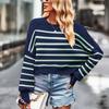 Ladies Autumn Winter Lantern Sleeve Round Collar Striped Pullover Warm Knitted Sweater Knitwear Top