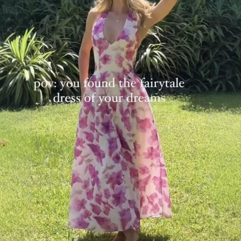 Elegant Floral Print V-Neck Sleeveless Wrap Dress With Cinched Waist Flared Skirt 2025 Small розовый