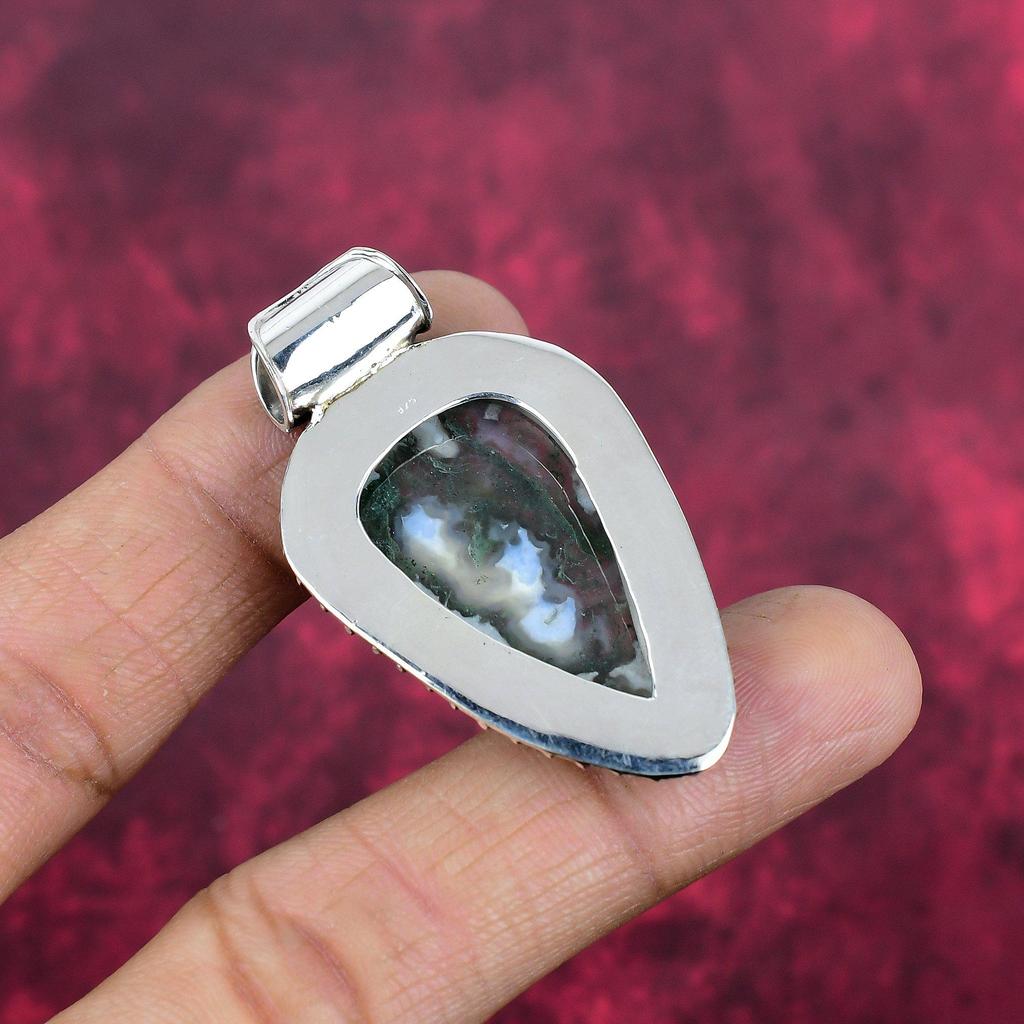 Moos Achat Anhänger, Edelstein Schmuck 925 Sterling Silber Anhänger, Geschenk für Frauen handgefertigter Anhänger