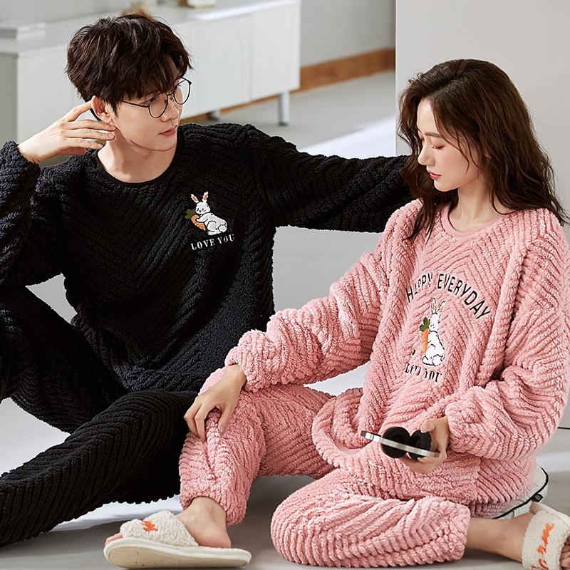 Pánské a dámské silné pyžamo z korálového fleecu: Hřejivá sametová flanelová zimní souprava