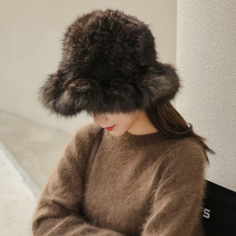 Cappelli a Secchiello in Pelliccia di Vison alla Moda Berretto da Pescatore Cappelli Invernali in Pelliccia Peluche per Donna