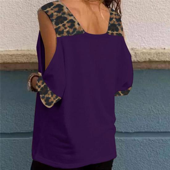 Women Half Sleeve V Neck Cold Shoulder Leopard Patchwork T-shirt Blouse