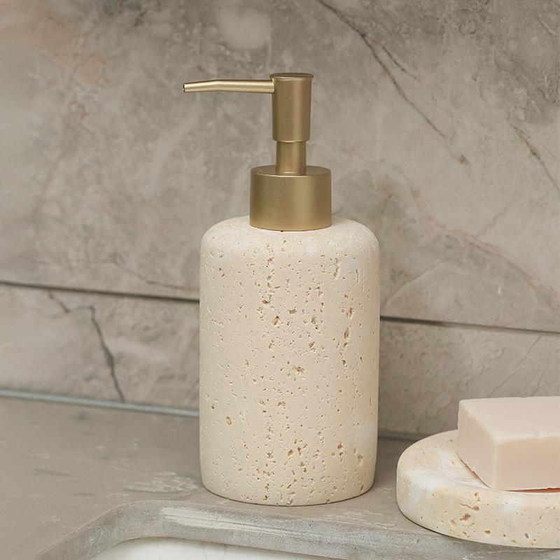 Travertin Seifenspender Seifenschale Mundspülbecher Tablett Abtropfschale Handdesinfektionsflasche Lotionflasche Badezimmer Waschen Set
