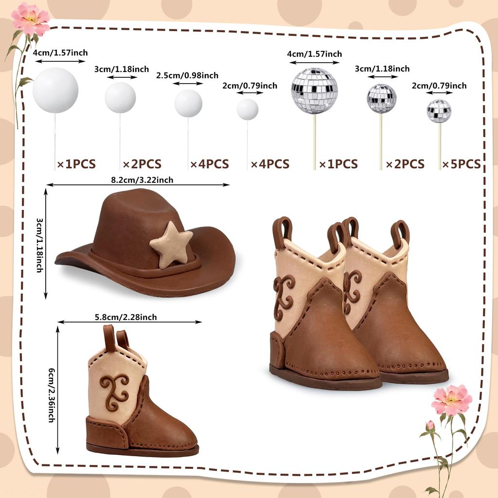 22 Stück Cowboy Kuchen Dekorationen Cowboy Themenparty Dekorationen Cowboyhut Stiefel Diskokugel Kuchenaufsatz für Western Geburtstagsfeier