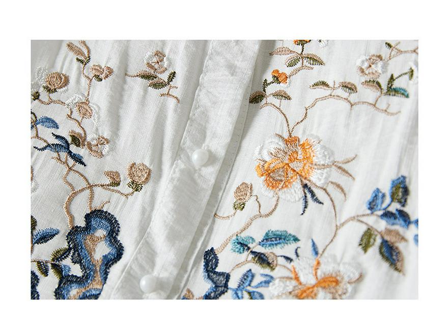 2023 Letní Luxusní Bavlněná Lněná Vyšívaná Blůza se Žabkovým Zapínáním