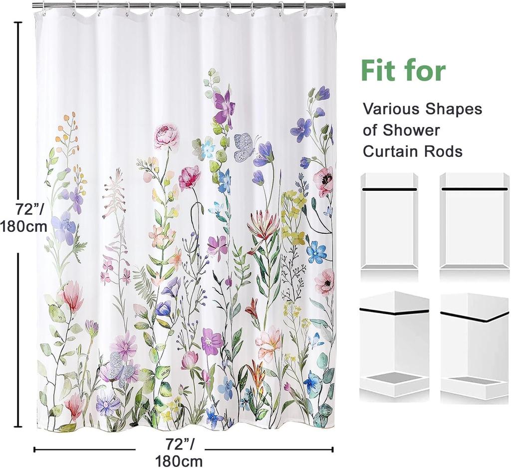 Floral Bathroom Shower Curtain with 12 Hooks,  Polyester Fabric Plant Shower Curtain for Bathroom,  Machine Washable Quick Dry
