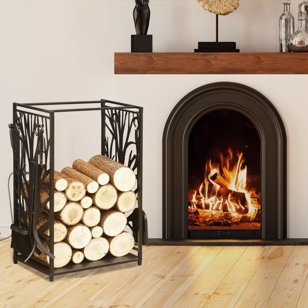 Stahl Kaminholzscheit Halter Innen Außen Kaminholzregal Kamin Holz Lagerregal mit 4 Werkzeugen, Haken, Baum Muster Design, Rostbeständig, Schwarz