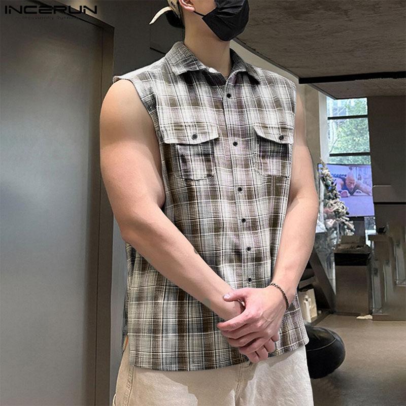 INCERUN Men Lapel Sleeveless Gradient Plaid Print Casual Shirts Tank Tops