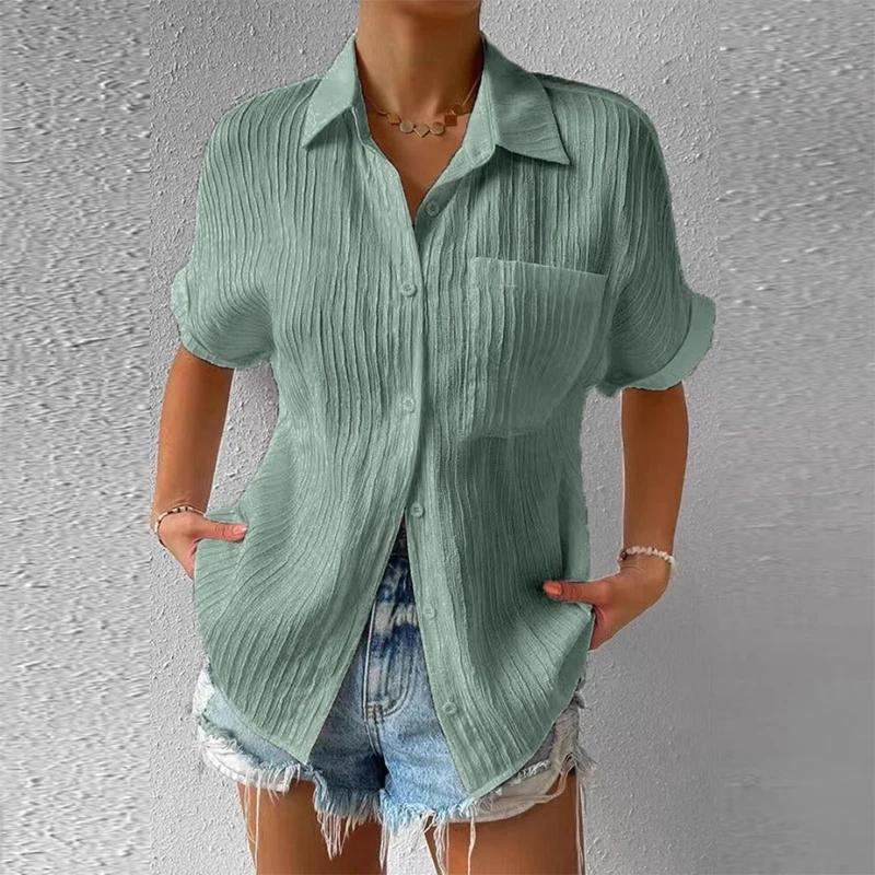 Summer Casual Solid Color Shirts Women Fashion Turn-down Collar Short Sleeves Pockets Buttons Cardigans Commute Slimming Blouses