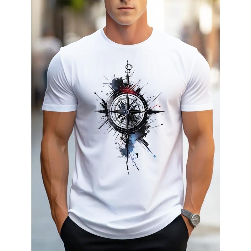 Europäische Größen Herren Freizeit Kurzarm T-Shirt mit Kompass-Print - Atmungsaktives Polyester Rundhals T-Shirt