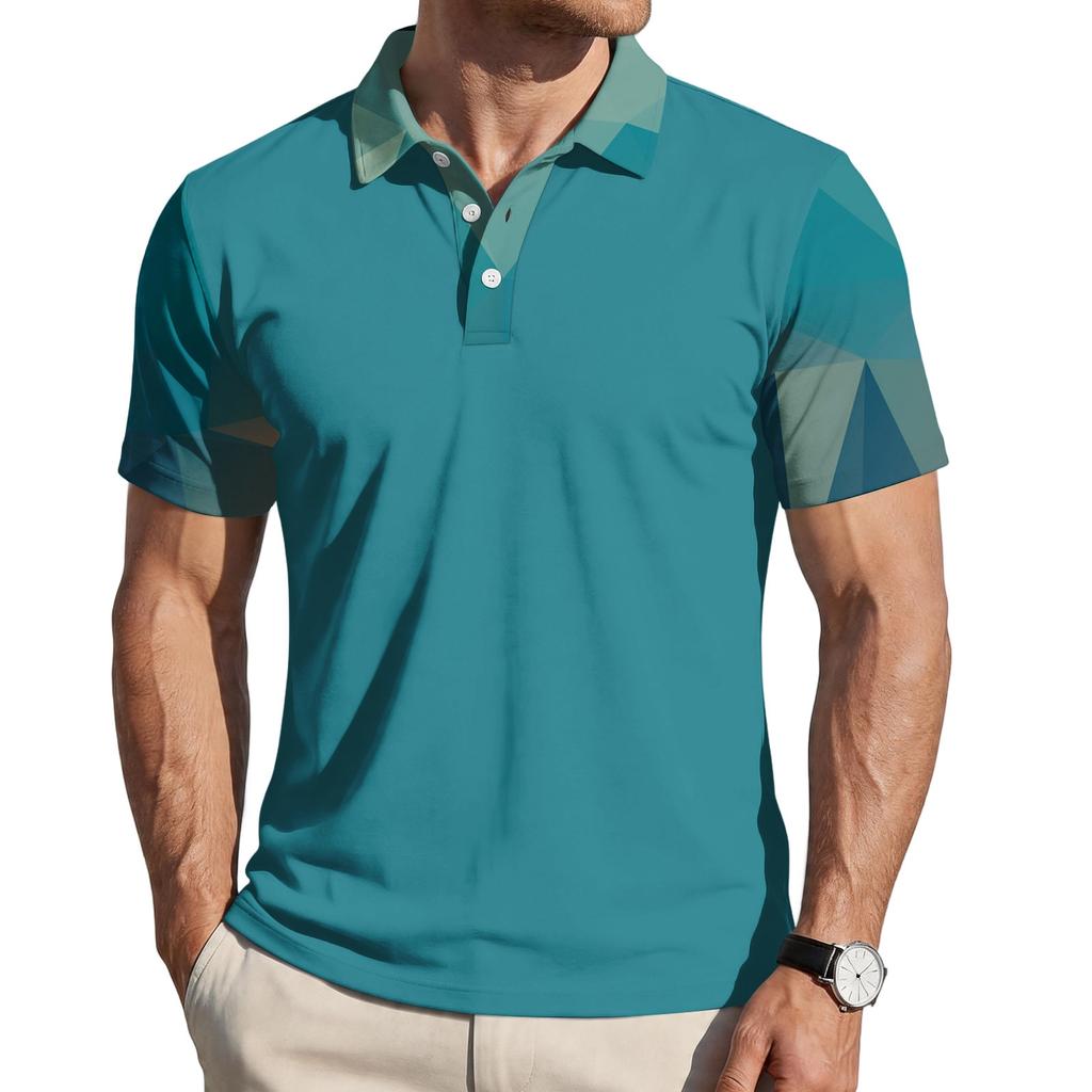Men's Loose Fit Casual Polo Shirt Camouflage Pattern Color Block Short Sleeve Button Collar Top for Everyday Wear