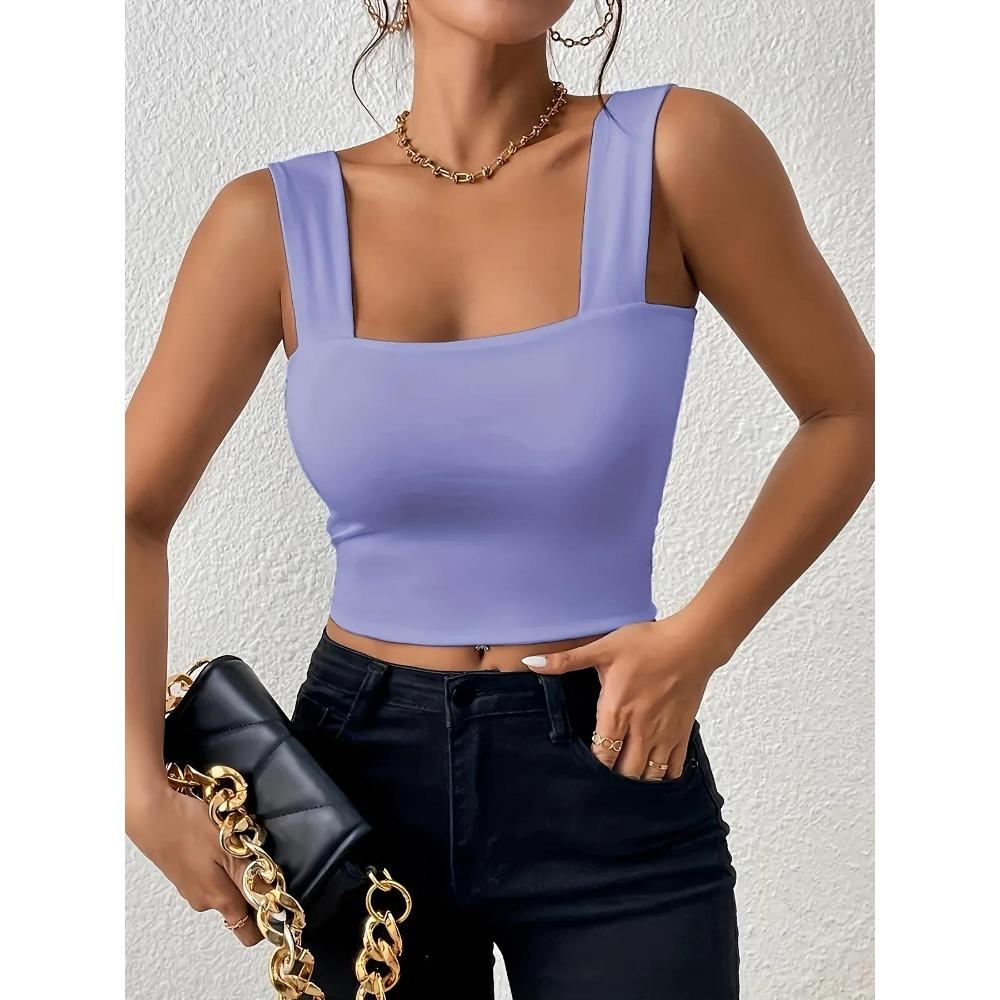 Čtvercový výstřih Tílko Široká ramínka Crop Tops Ženy Léto Košilka Jednobarevná Košilka Módní tubus Dámská zkrácená vesta bez rukávů Y2K Oblečení