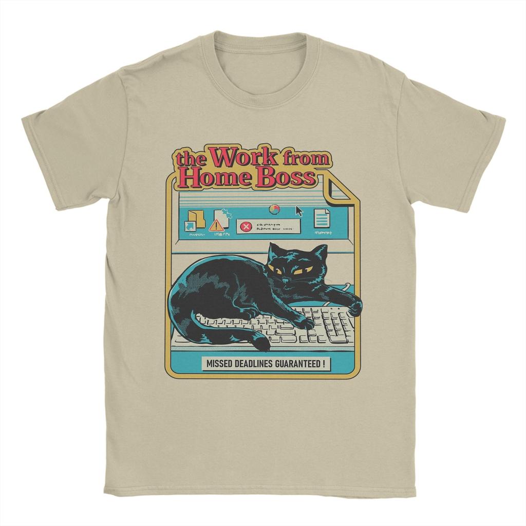 Vintage Work from Home Boss Cat Playing Computer Games T-Shirt Men Pure Cotton T Shirt Short Sleeve Tee Shirt Plus Size Clothing