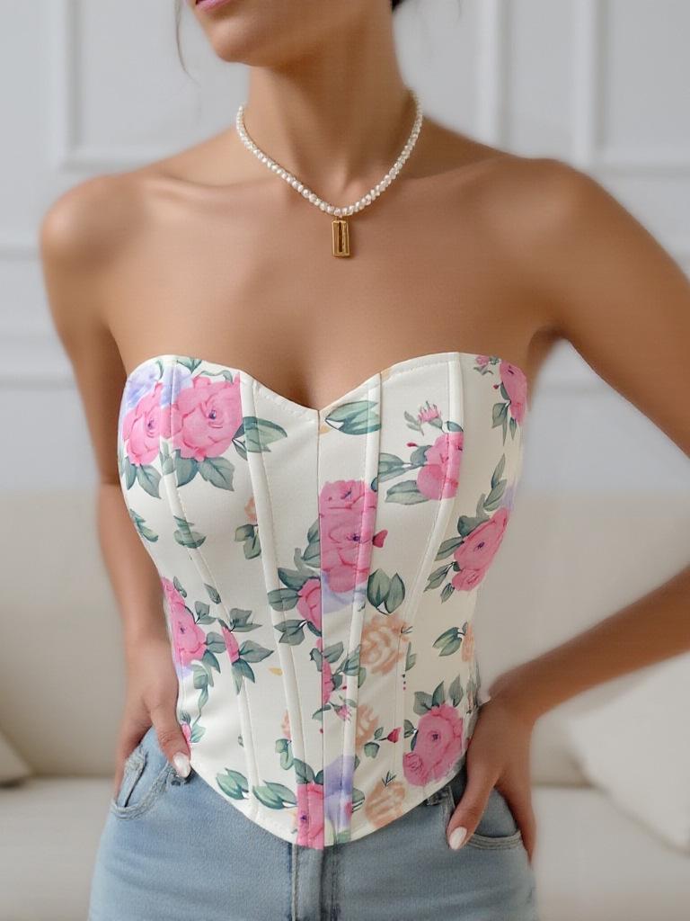 European & American Sexy Backless Floral Fishbone Camisole