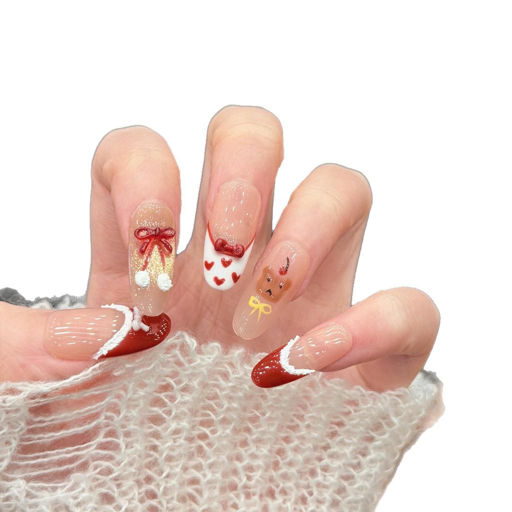 Hand-Painted Christmas & New Year Cat Nails: Dazzling French Glass Beads