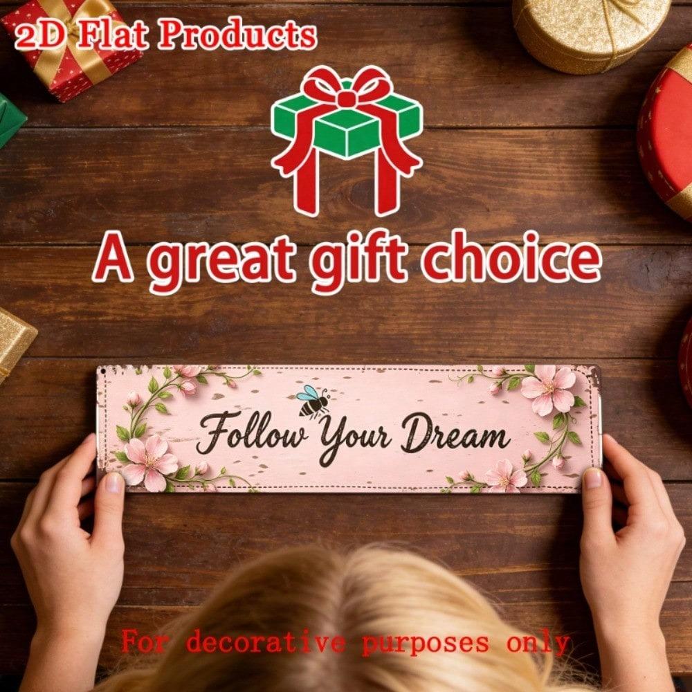 1pc Follow Your Dream 2D Flat Tin Sign, Pink Floral Bee Inspirational Rustic Metal Wall Decor, 15.75x3.94in
