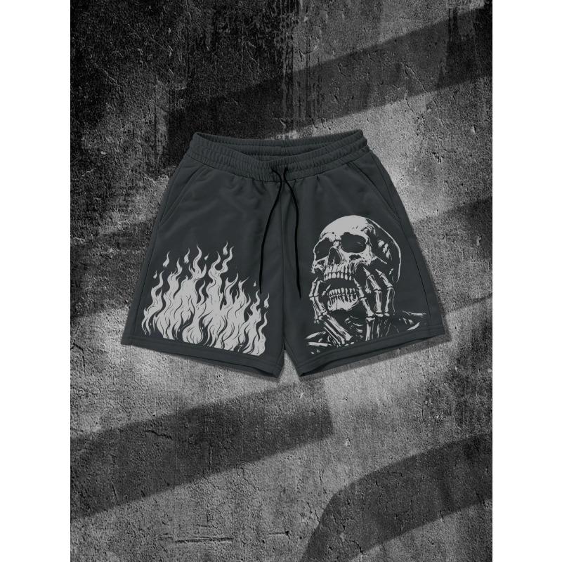 European and American Men's Summer Flame Skull Print Comfortable and Breathable Drawstring Shorts for Outdoor Leisure Vacation