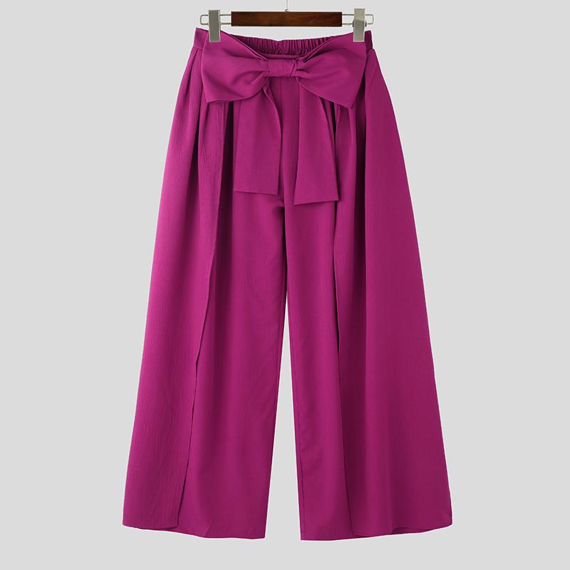 INCERUN Men Elastic Waist Wide Leg Pants Casual Loose Bow Knot Long Layers Trousers
