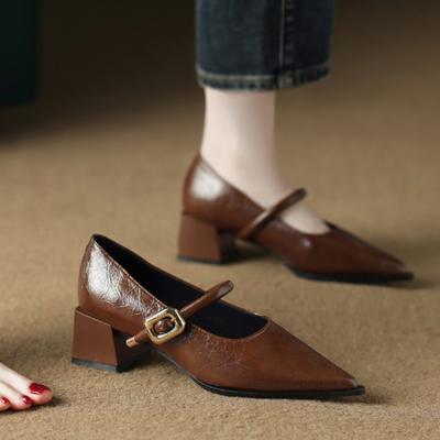 2025 Spring Style Pointed Toe Square Heel Versatile Style Single Shoes Women's Shoes Medium Professional Buckle Dress High Heels