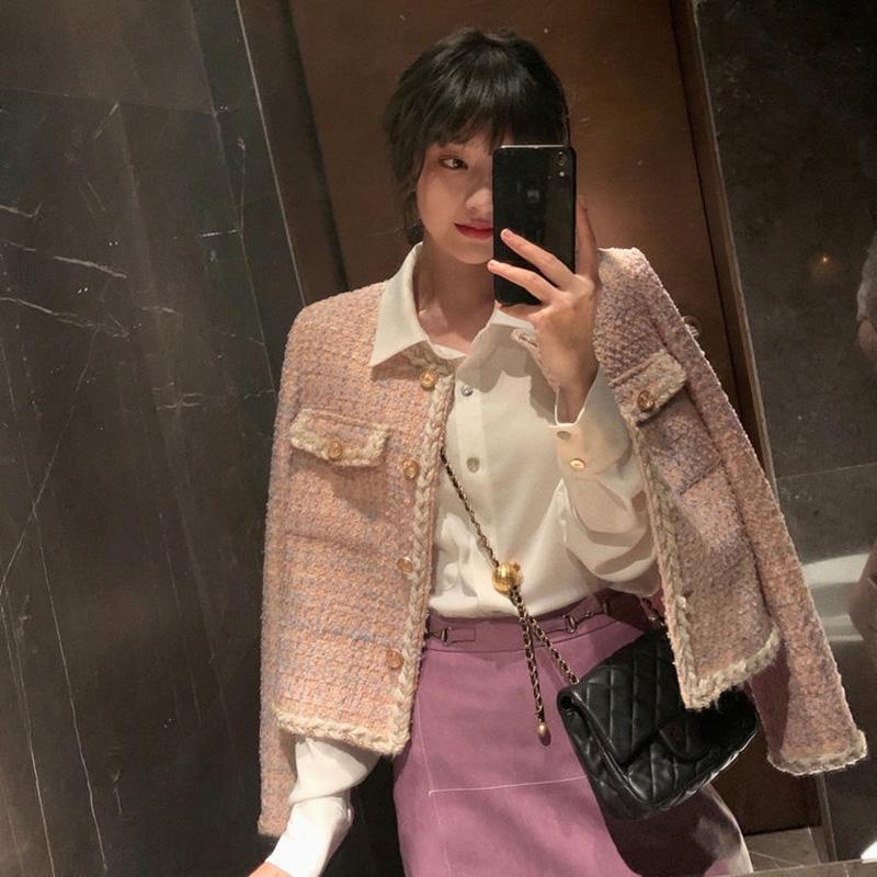 Korejská dámská bílá tvídová základní bunda kabát pro ženy 2022 Oblečení Svrchní oděv Kabát Francouzský styl Oblek Crop Stripe Kawaii OL