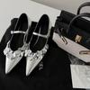 Pointed silver sequined flower Mary Jane women's shoes one-word buckle with light mouth French inner heightening shoes