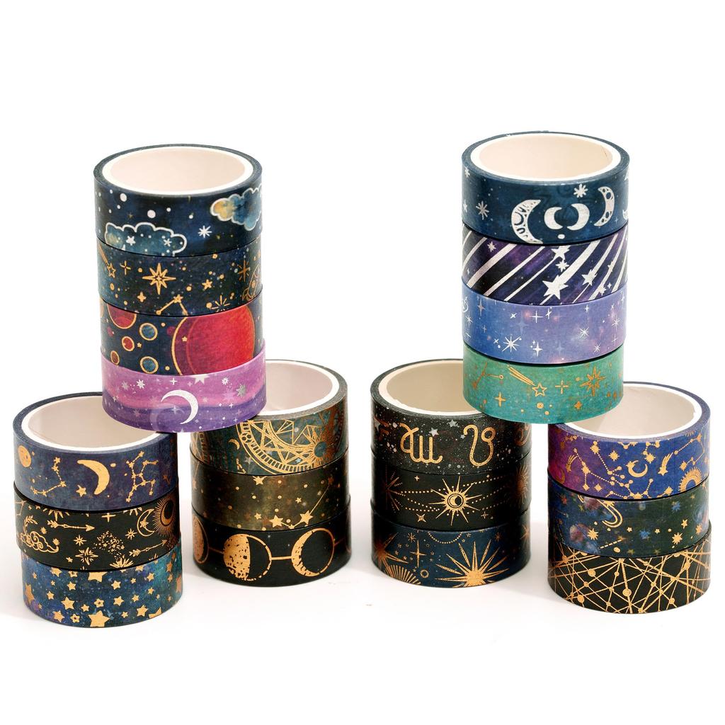 YUBBAEX Masking Tape Moon and Planet Designs Washi Paper Tape with Gold Foil Floral Decoration Tape for DIY Bullet Wrapping 20-Roll Set Space-themed