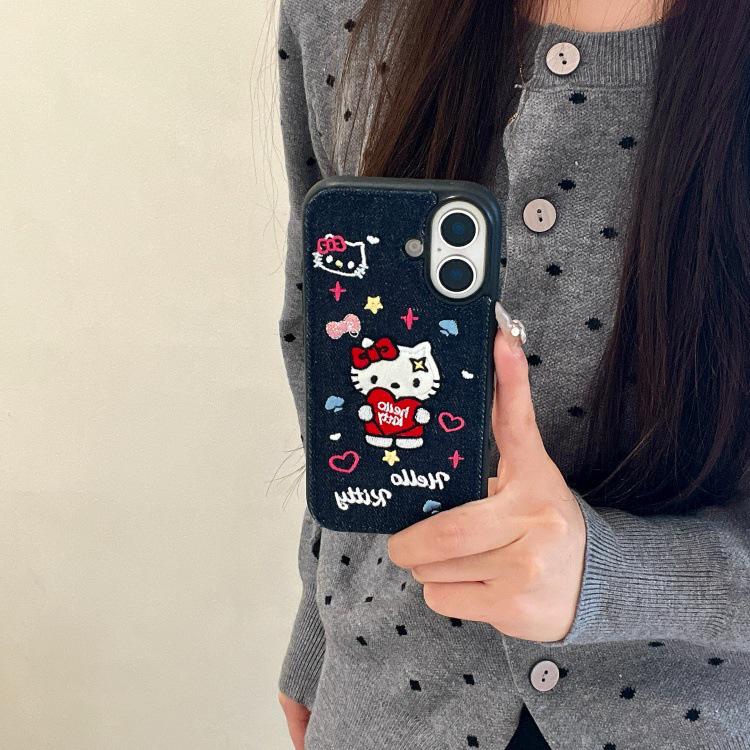Embroidered Kitty Cat Denim Phone Case for iPhone 15 Pro Max