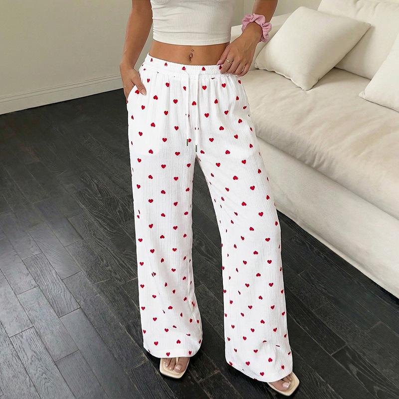 European & American Women's 2026 Heart Pattern Lace-up Wide-Leg Pants - Summer Casual Wear