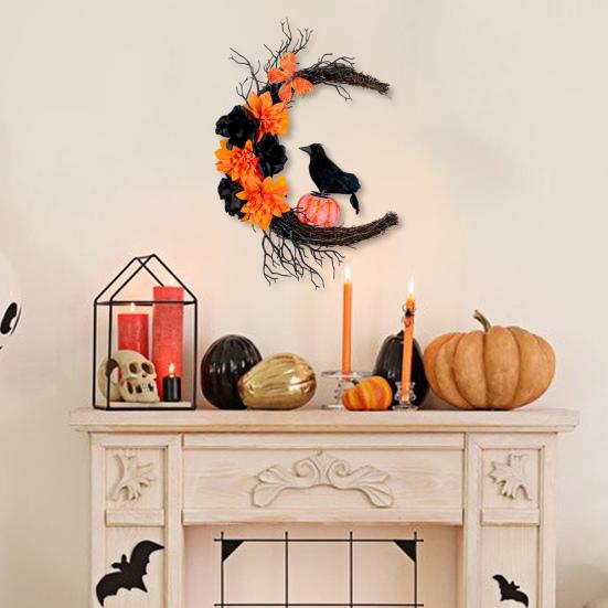 Halloweenský věnec Měsíc Vrána na vchodové dveře Gotický proutěný věnec s umělými květinami Dýně Suché větve pro vnitřní venkovní domácí nástěnnou okenní dekoraci