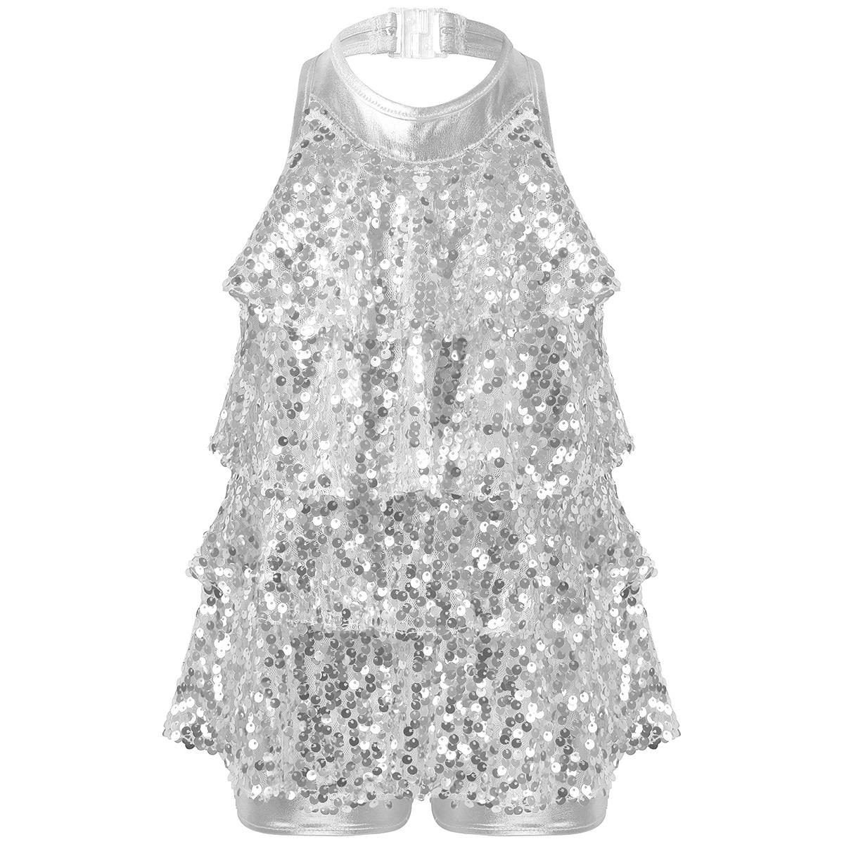 Costume de Danse Jazz Latin Ballet à Sequins Brillants pour Filles Combinaison Shorty à Bretelles Robe Gymnastique Scène Performance Vêtements de Danse 4 white