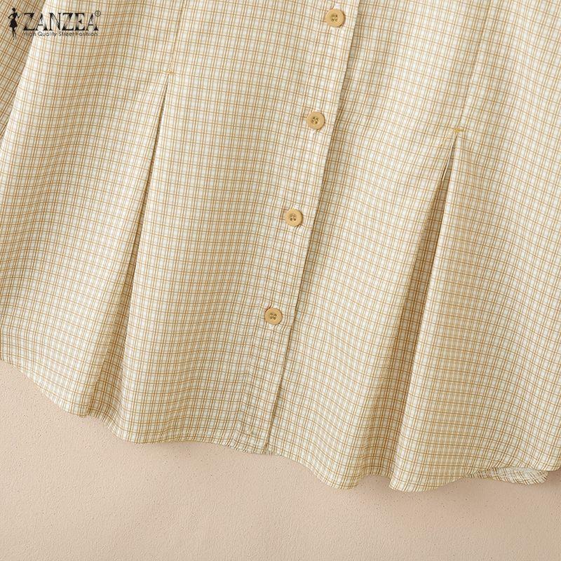 ZANZEA Women Grid Print Casual Round Neck Long Sleeve Blouse