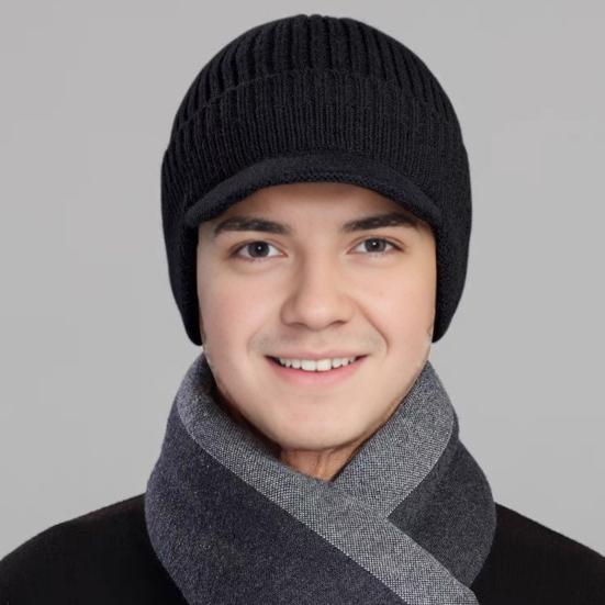 Men Knitted Hat Extended Brim Ear Protection Solid Color Knitting Hat Thickened Plush Lining Winter Warm Hat