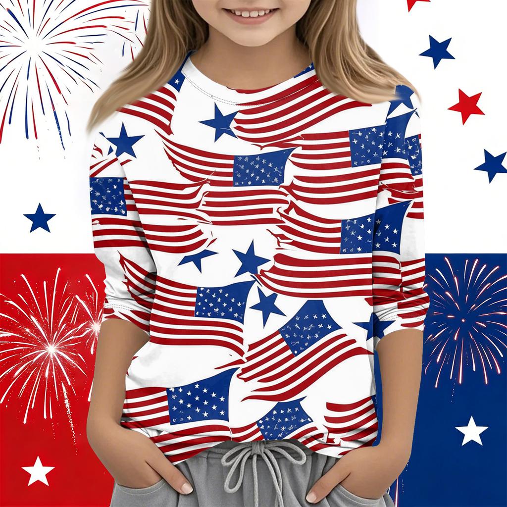 Print Tops For Youth Girls Round Neck 3/4 Sleeves T-Shirts Trendy Tops Outfit Tees Independence Day