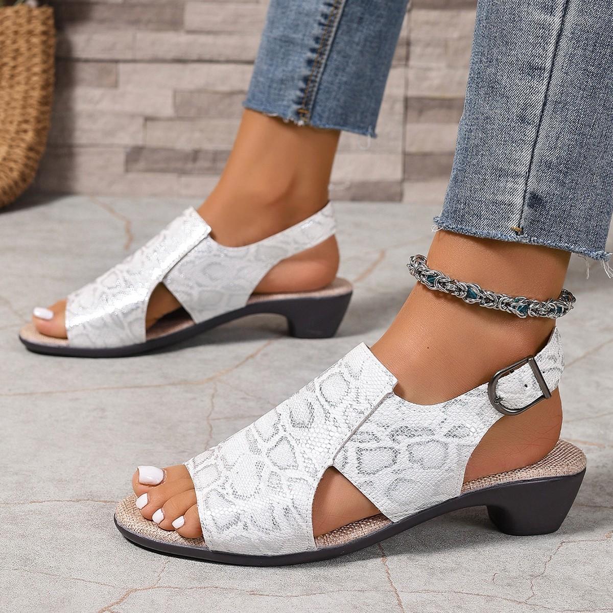 

New large size 2025 new thick heel one-word buckle sandals women s medium heel light sole high heel fish mouth sandals 36 белый