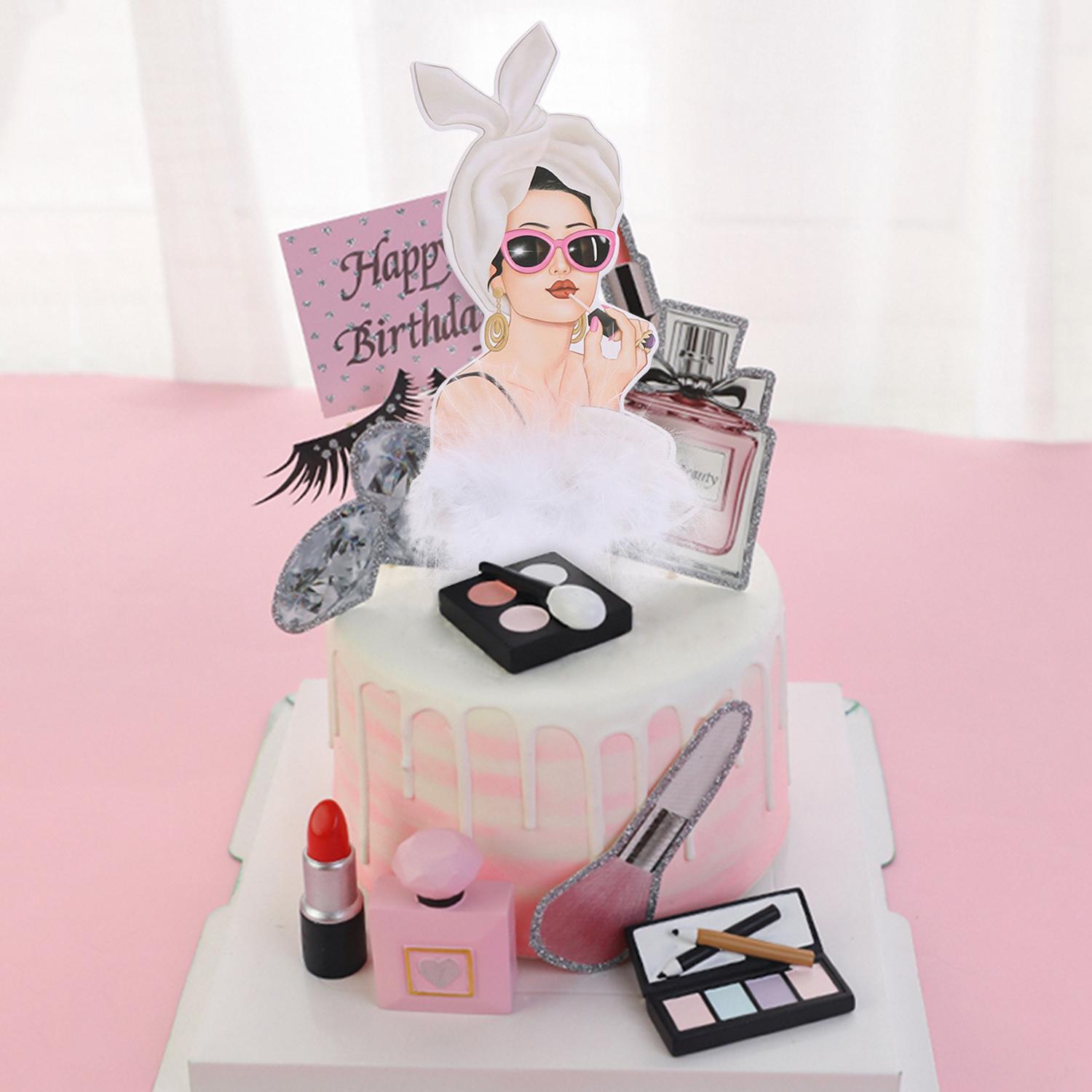 

12pcs Makeup Cake Topper, spa Birthday Party , Lipstick Perfume Eye Shadow Blush Spa Theme Party Supplies for Girls