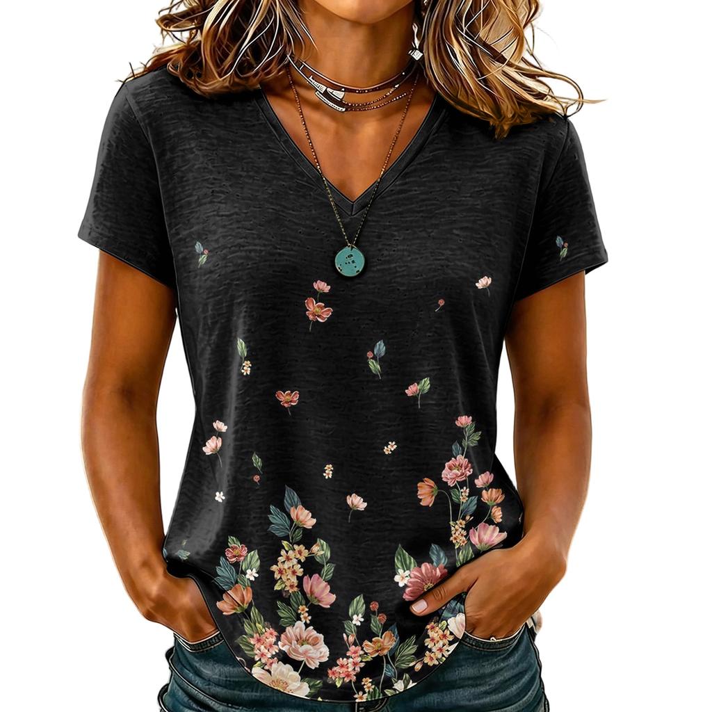 Damen Casual V-Ausschnitt Blumenprint Kurzarm T-Shirt Leichter Weicher Stoff Lockere Passform Oberteil für den Alltag