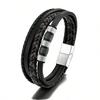 Simple Stainless Steel Leather Rope Bracelet,multi-layer Black Leather Woven Men's Bracelet Bangle