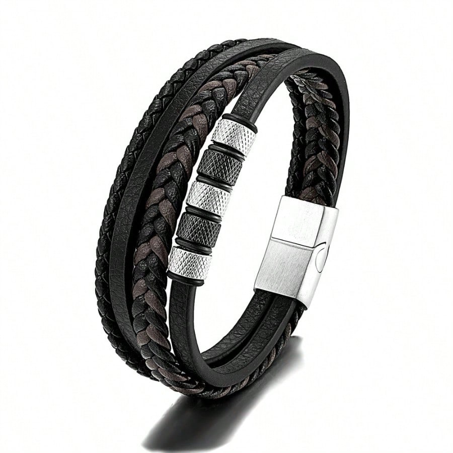 Simple Stainless Steel Leather Rope Bracelet,multi-layer Black Leather Woven Men's Bracelet Bangle